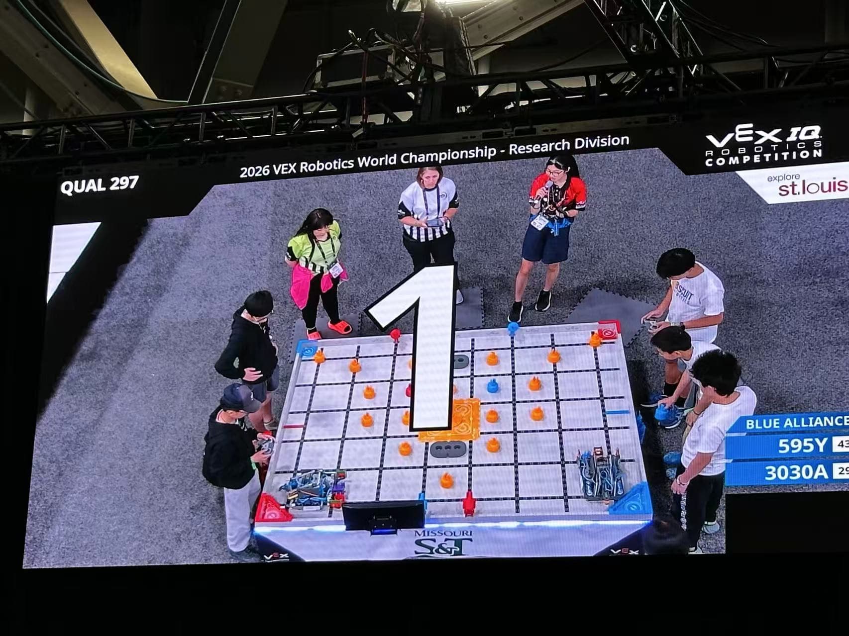 The screen above a World Championship field during a VEX IQ qualification match.