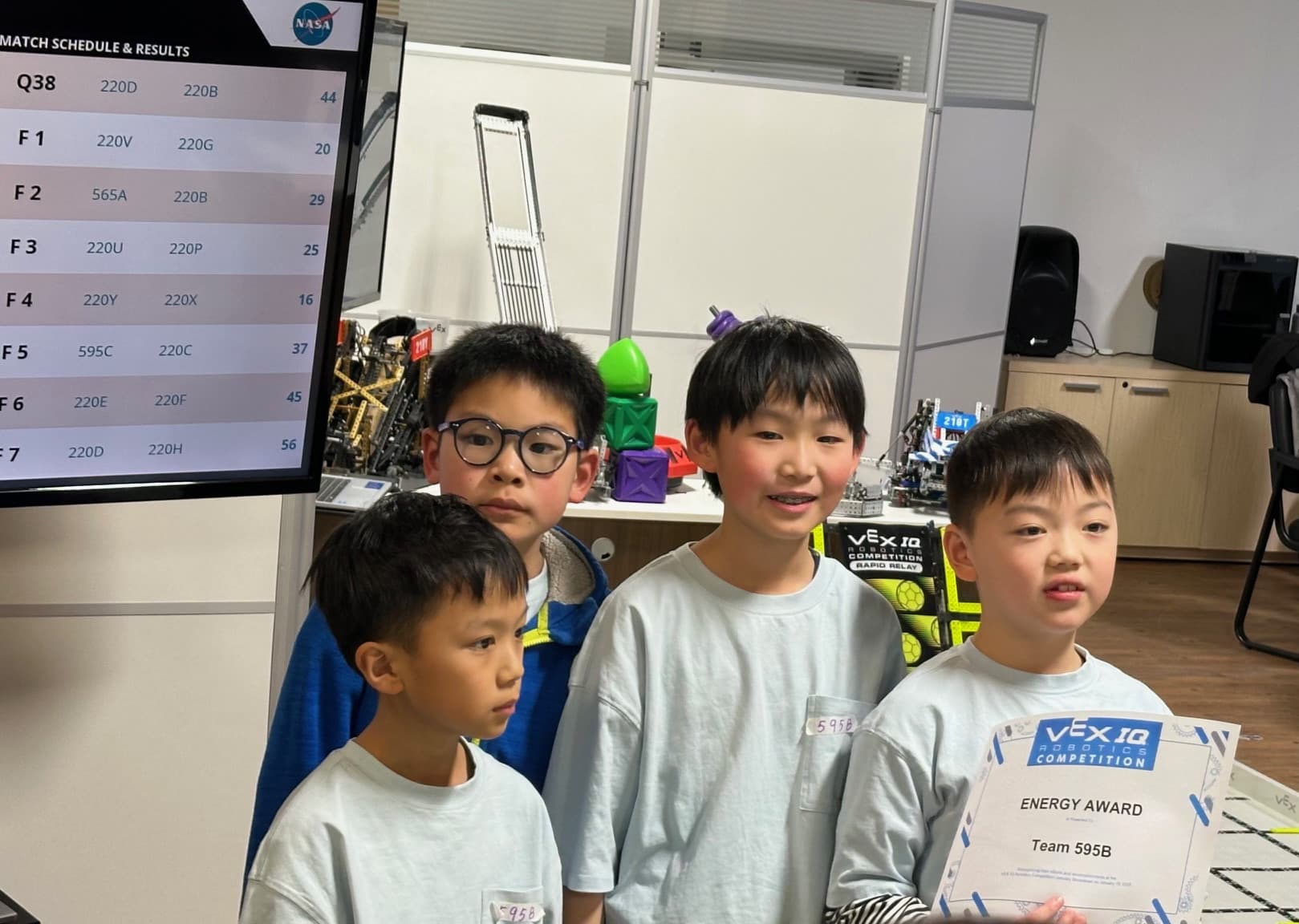 Four young members of 595B at the January Showdown, one holding the Energy Award certificate, the match schedule on the screen behind them.